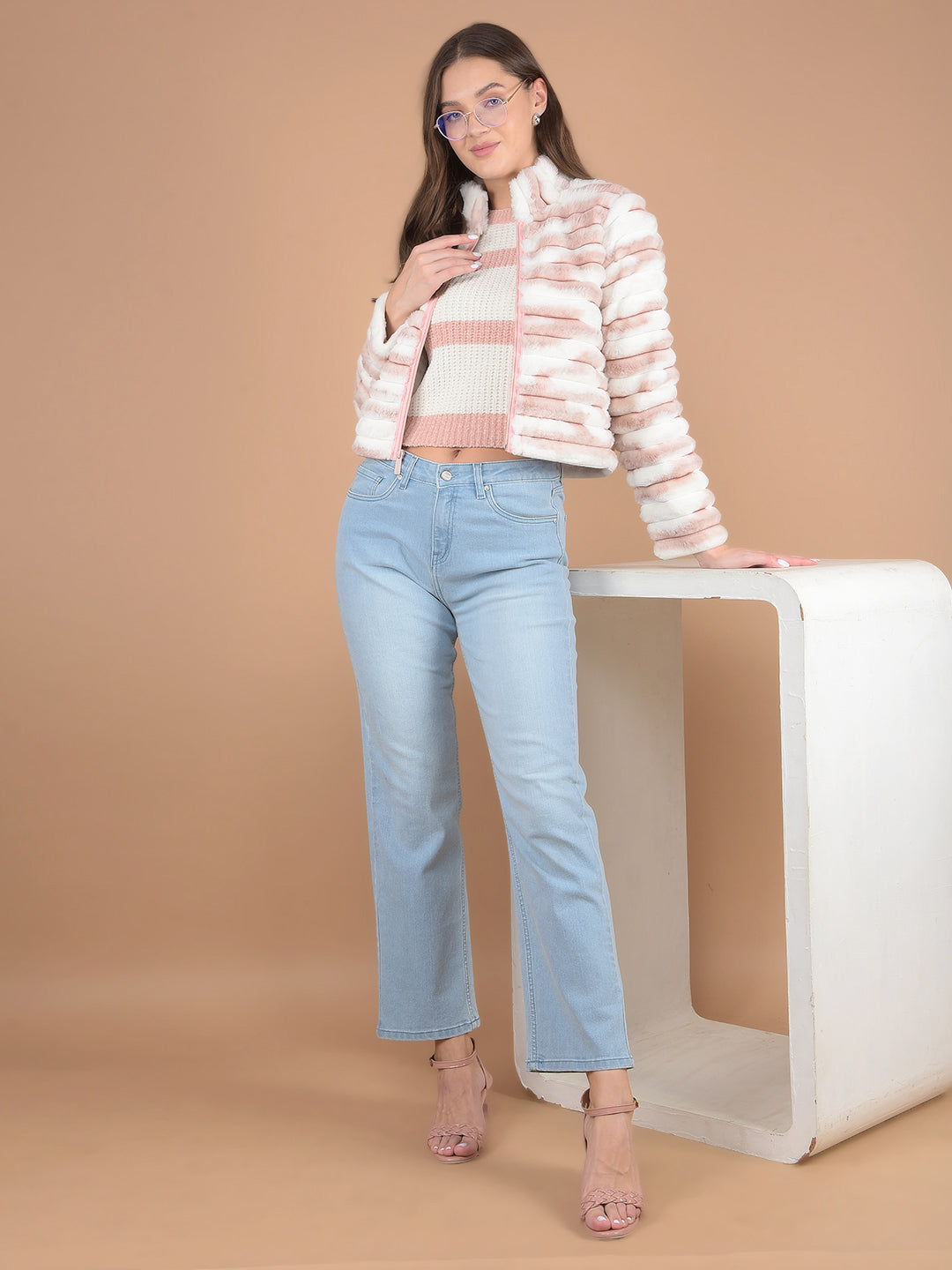 Pink Printed High Neck Fur Jacket-Women Jackets-Crimsoune Club