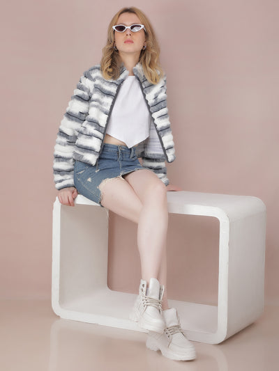 Blue Horizontal Stripes Crop Length Fur Jacket-Women Jackets-Crimsoune Club