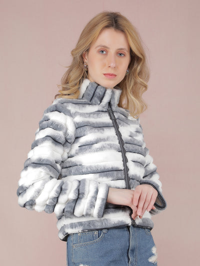 Blue Horizontal Stripes Crop Length Fur Jacket-Women Jackets-Crimsoune Club