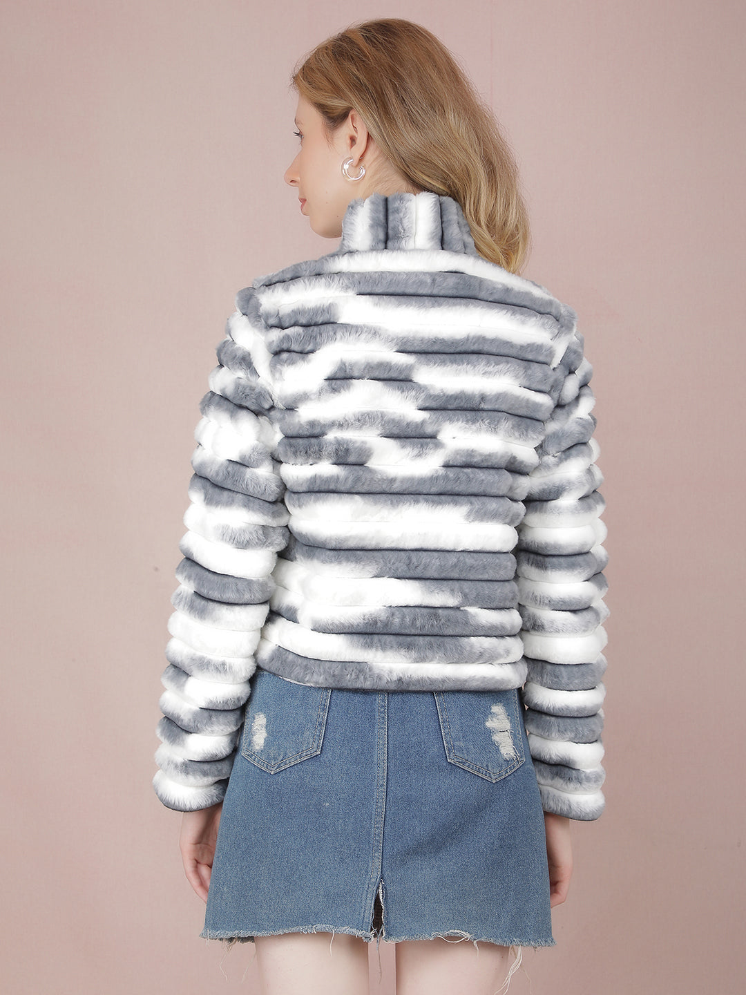 Blue Horizontal Stripes Crop Length Fur Jacket-Women Jackets-Crimsoune Club