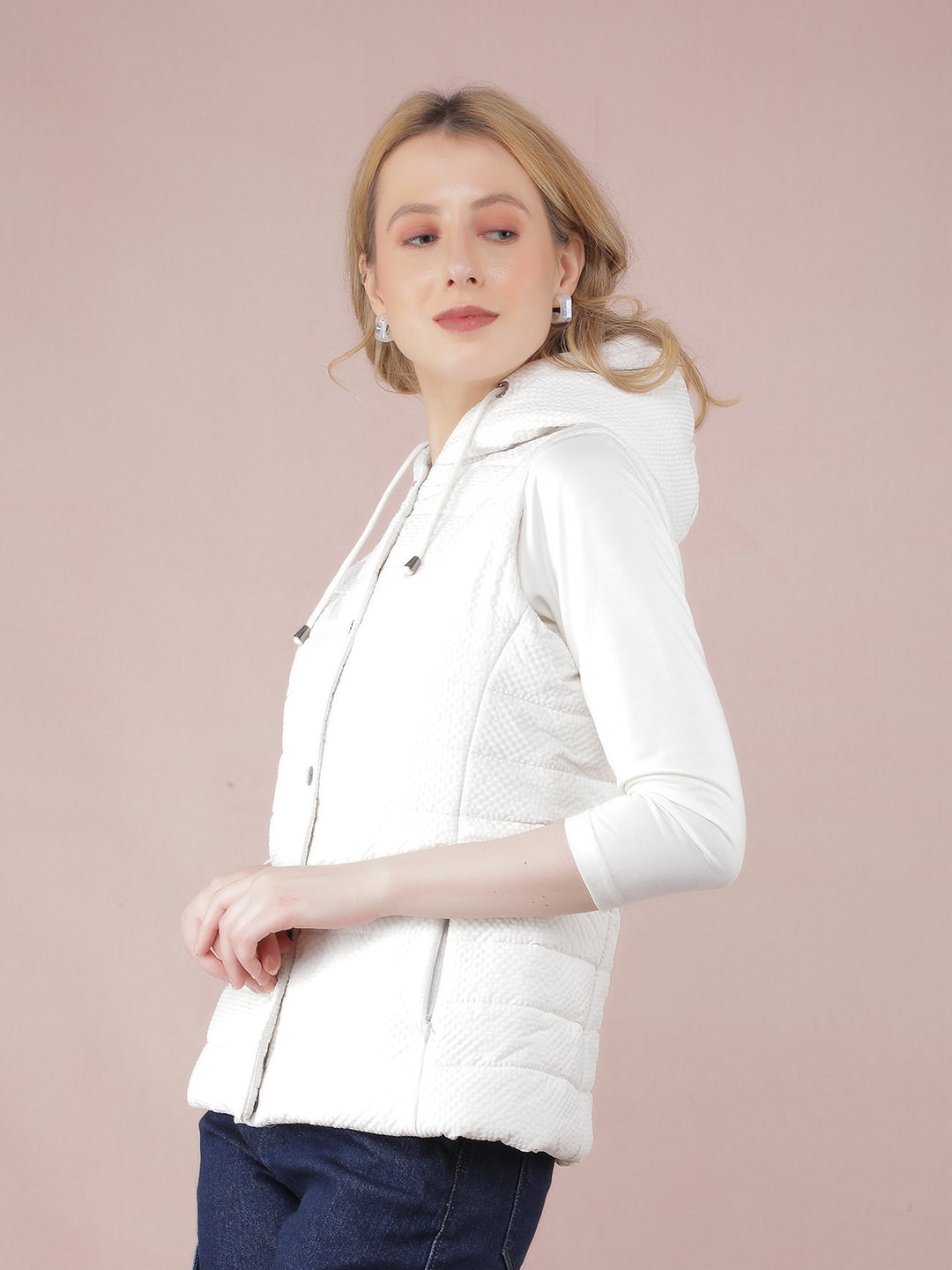 Off White Sleeveless Jacket-Women Jackets-Crimsoune Club