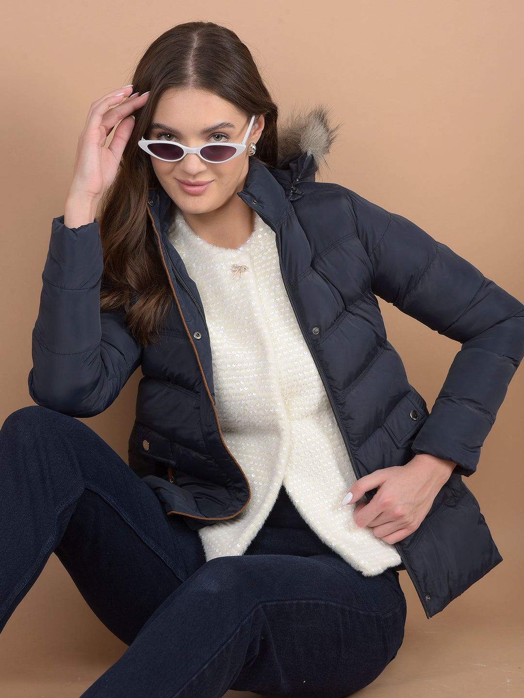 Navy Blue Hooded Neck Padded Jacket-Women Jackets-Crimsoune Club