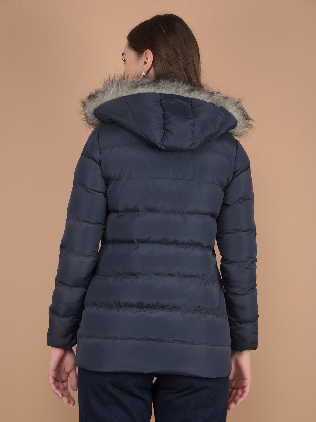 Navy Blue Hooded Neck Padded Jacket-Women Jackets-Crimsoune Club