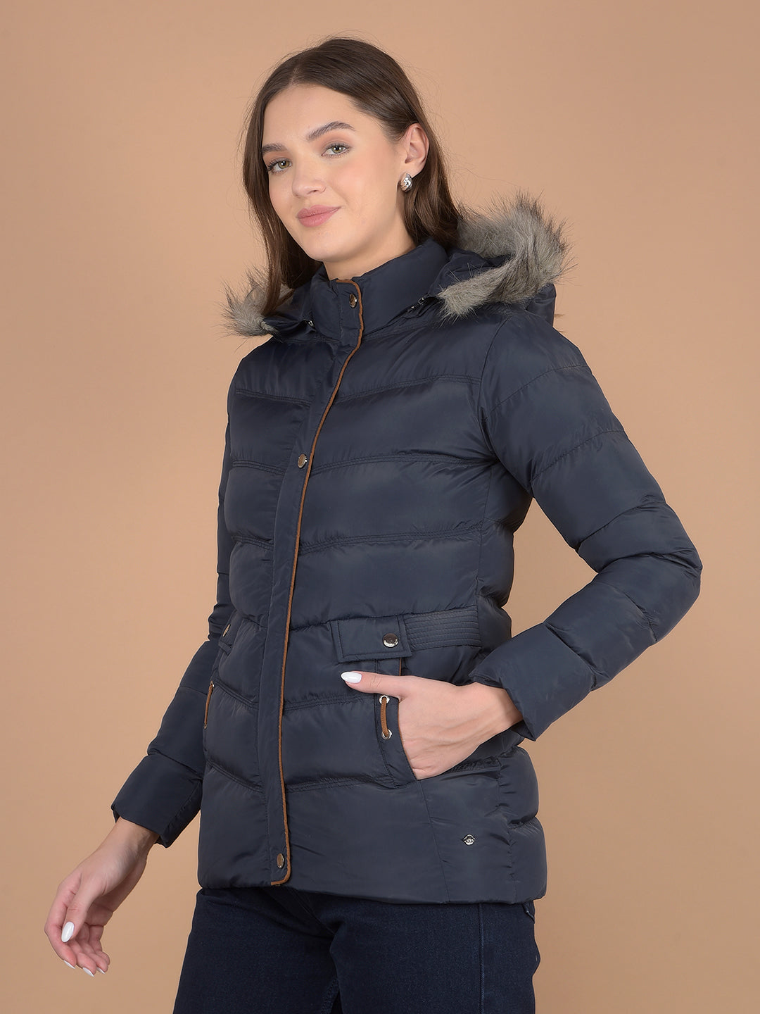 Navy Blue Hooded Neck Padded Jacket-Women Jackets-Crimsoune Club