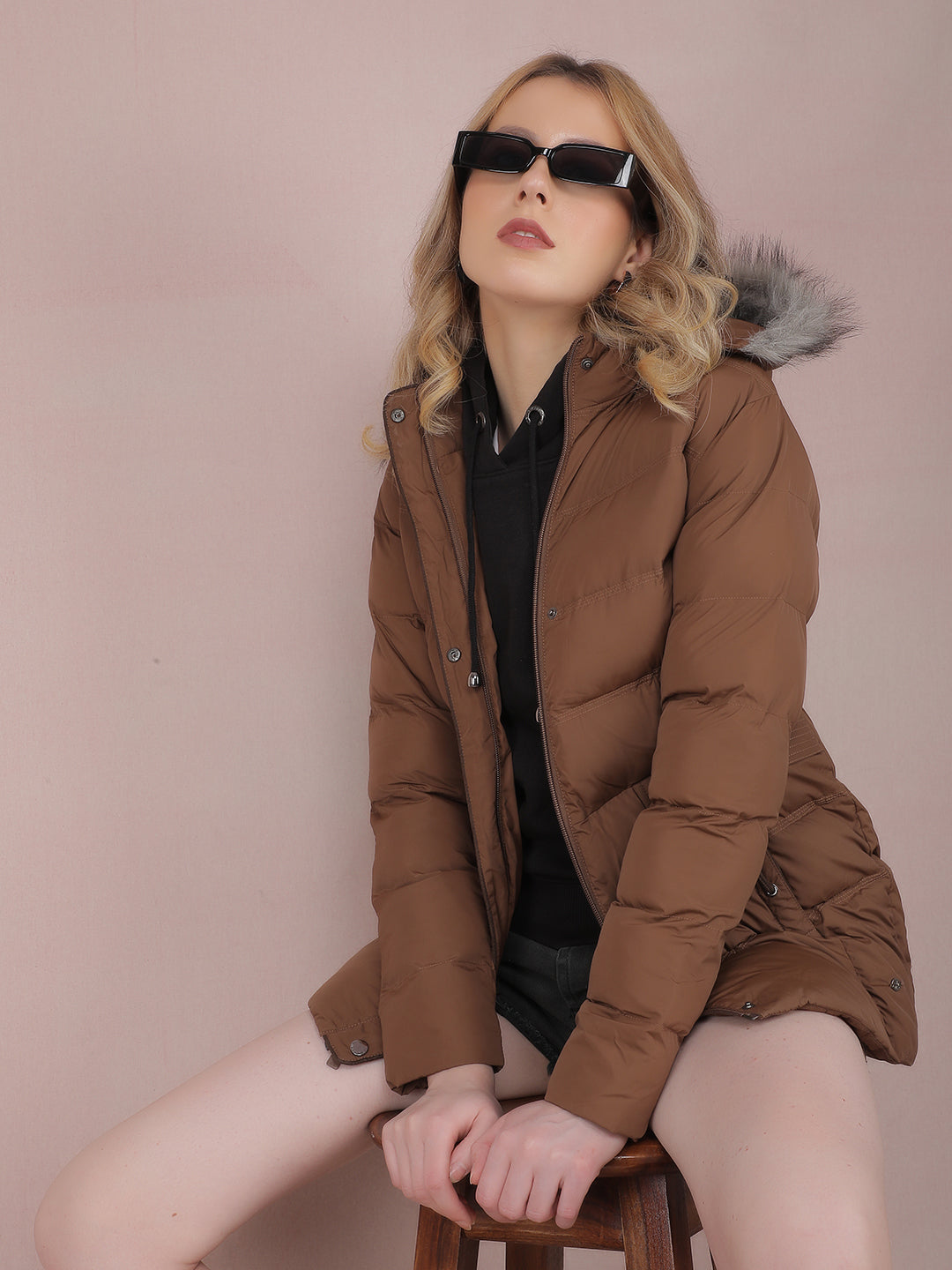 Brown Hooded Neck Padded Jacket-Women Jackets-Crimsoune Club