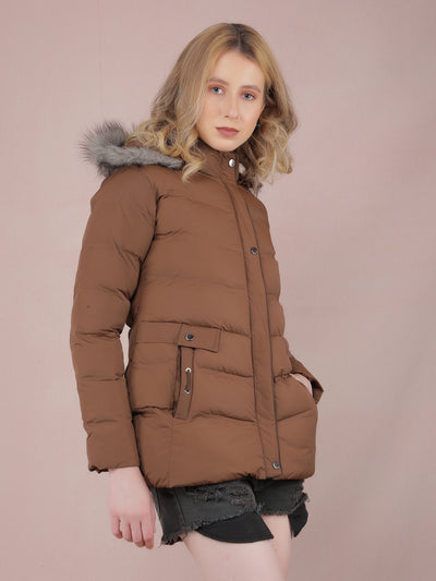 Brown Hooded Neck Padded Jacket-Women Jackets-Crimsoune Club