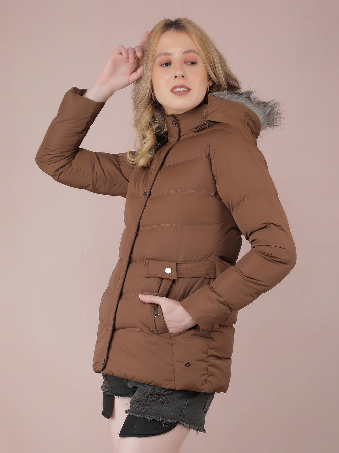 Brown Hooded Neck Padded Jacket-Women Jackets-Crimsoune Club