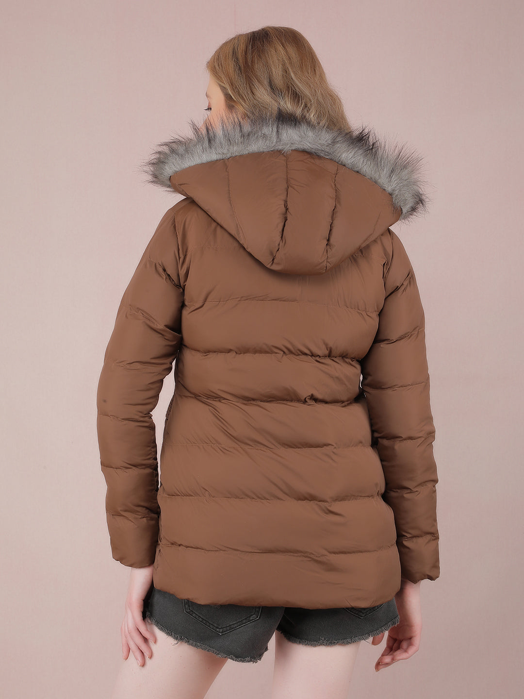 Brown Hooded Neck Padded Jacket-Women Jackets-Crimsoune Club