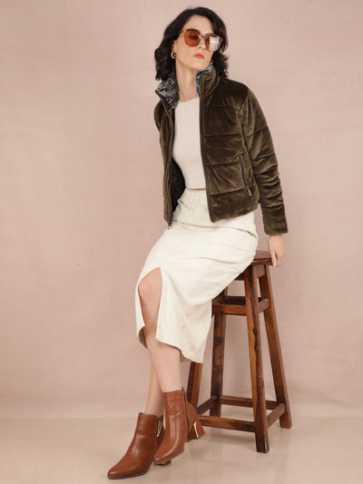 Olive Quilted High Neck Jacket-Women Jackets-Crimsoune Club