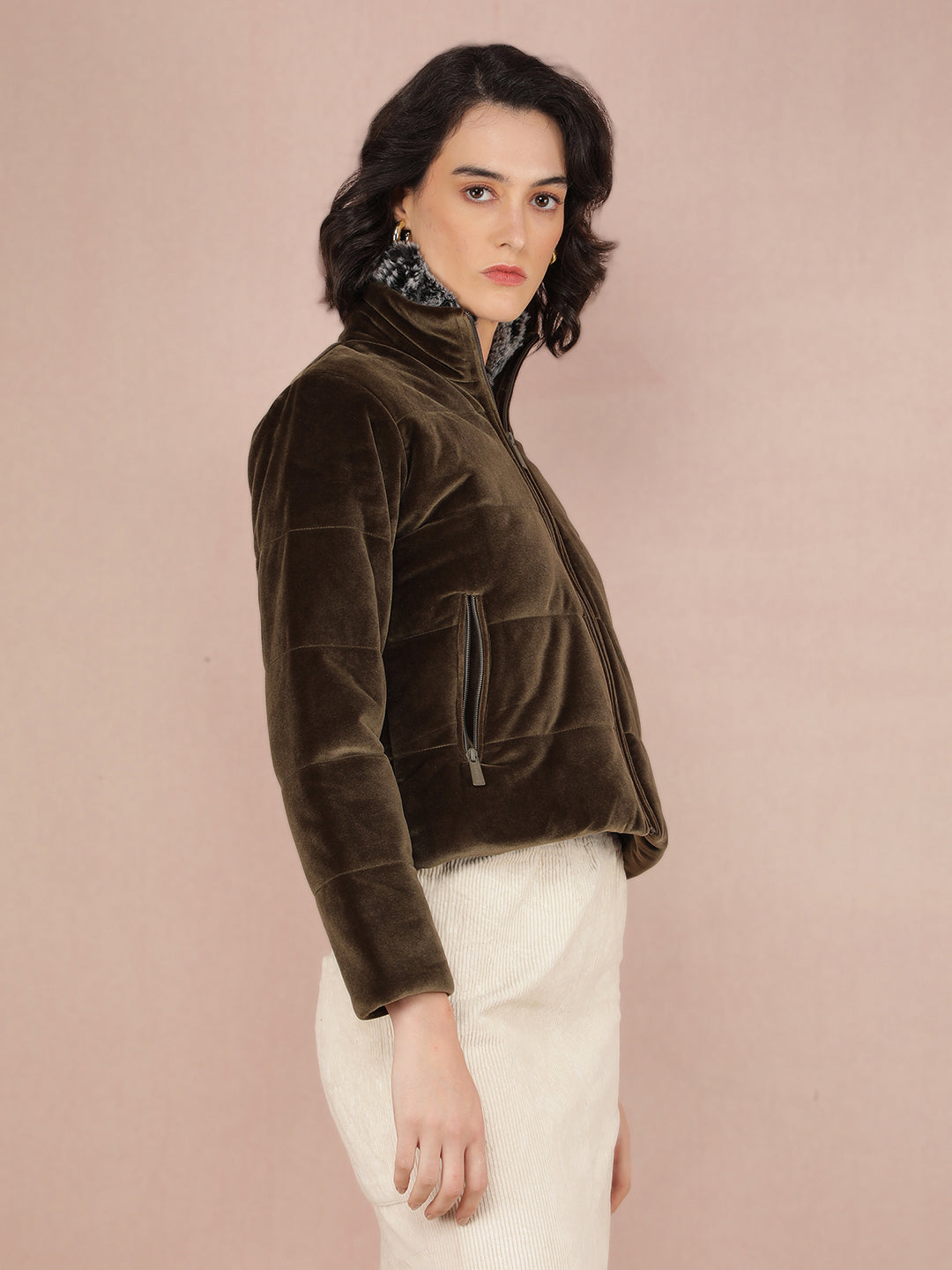 Olive Quilted High Neck Jacket-Women Jackets-Crimsoune Club