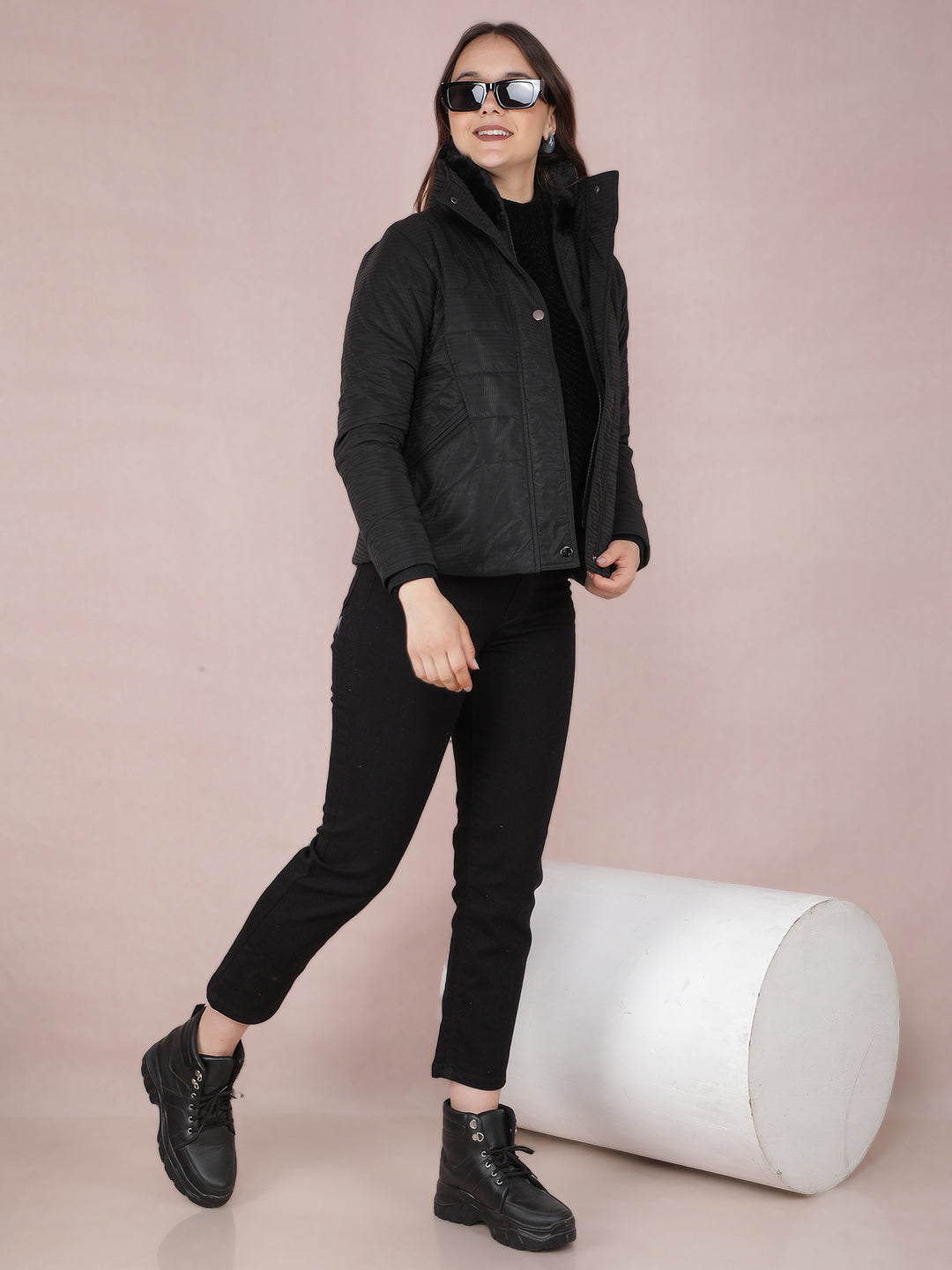 Black Jacquard High Neck Jacket-Women Jackets-Crimsoune Club