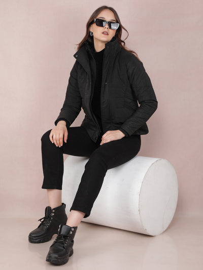 Black Jacquard High Neck Jacket-Women Jackets-Crimsoune Club