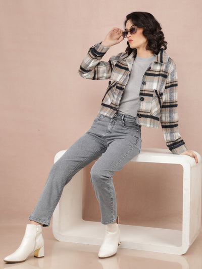 Blue Checked Crop Jacket-Women Jackets-Crimsoune Club