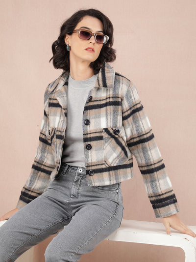 Blue Checked Crop Jacket-Women Jackets-Crimsoune Club