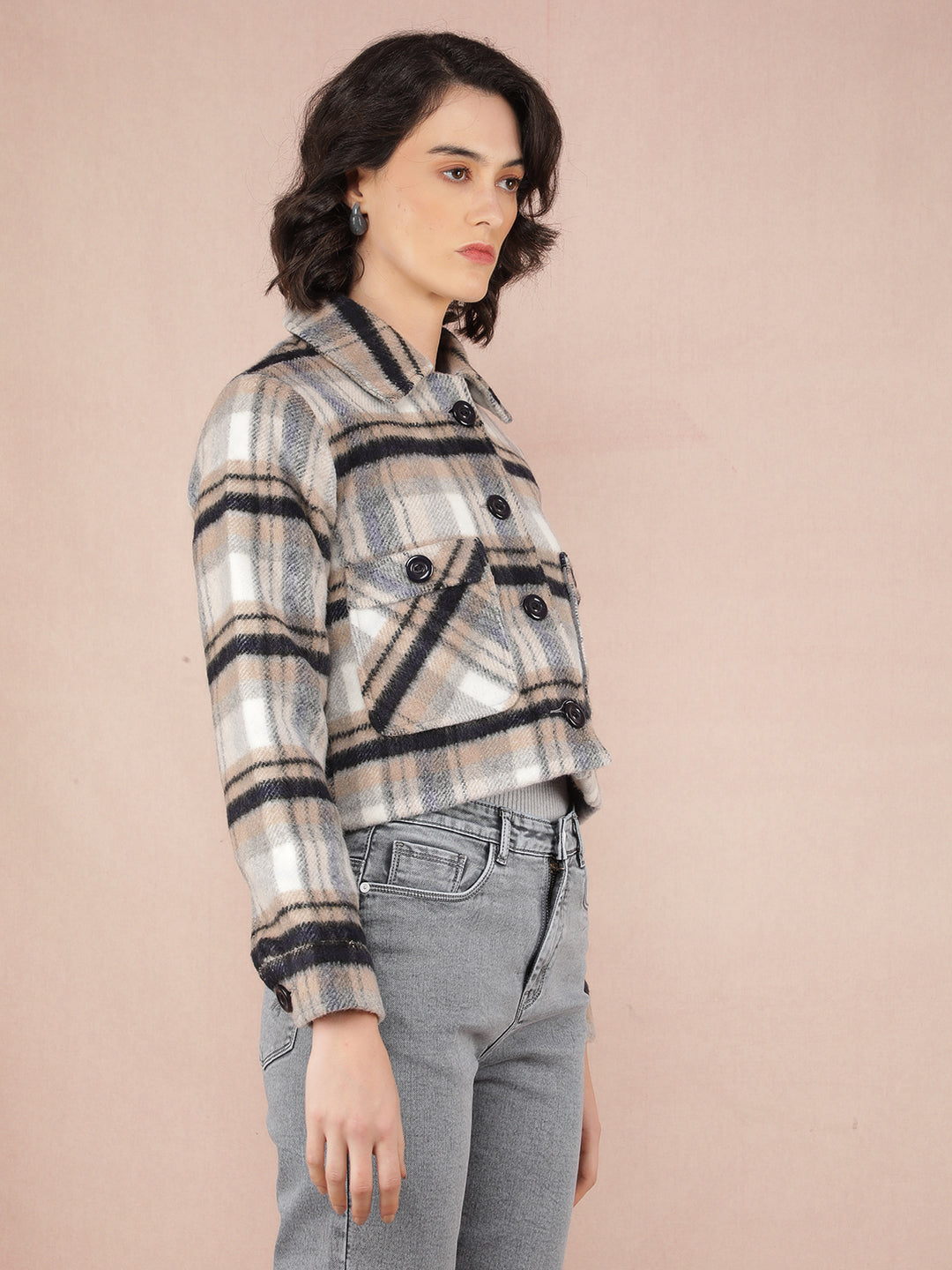 Blue Checked Crop Jacket-Women Jackets-Crimsoune Club