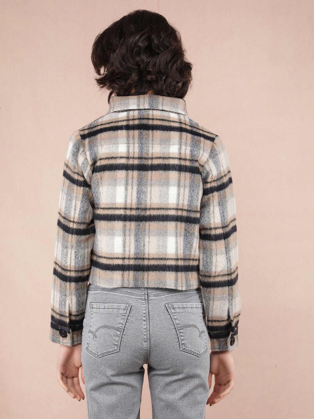 Blue Checked Crop Jacket-Women Jackets-Crimsoune Club