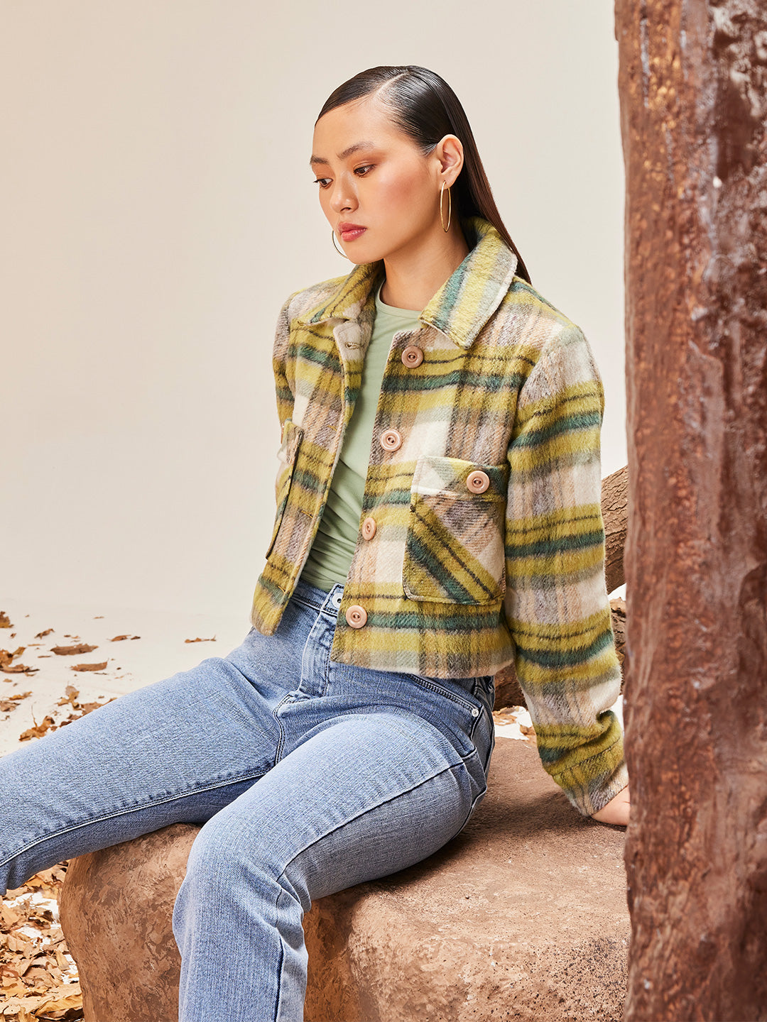 Green Checked Crop Jacket-Women Jackets-Crimsoune Club