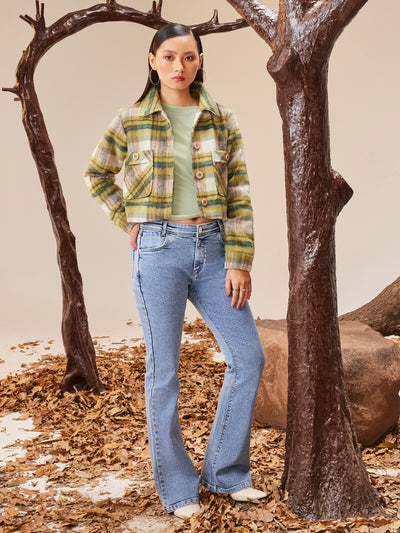 Green Checked Crop Jacket-Women Jackets-Crimsoune Club