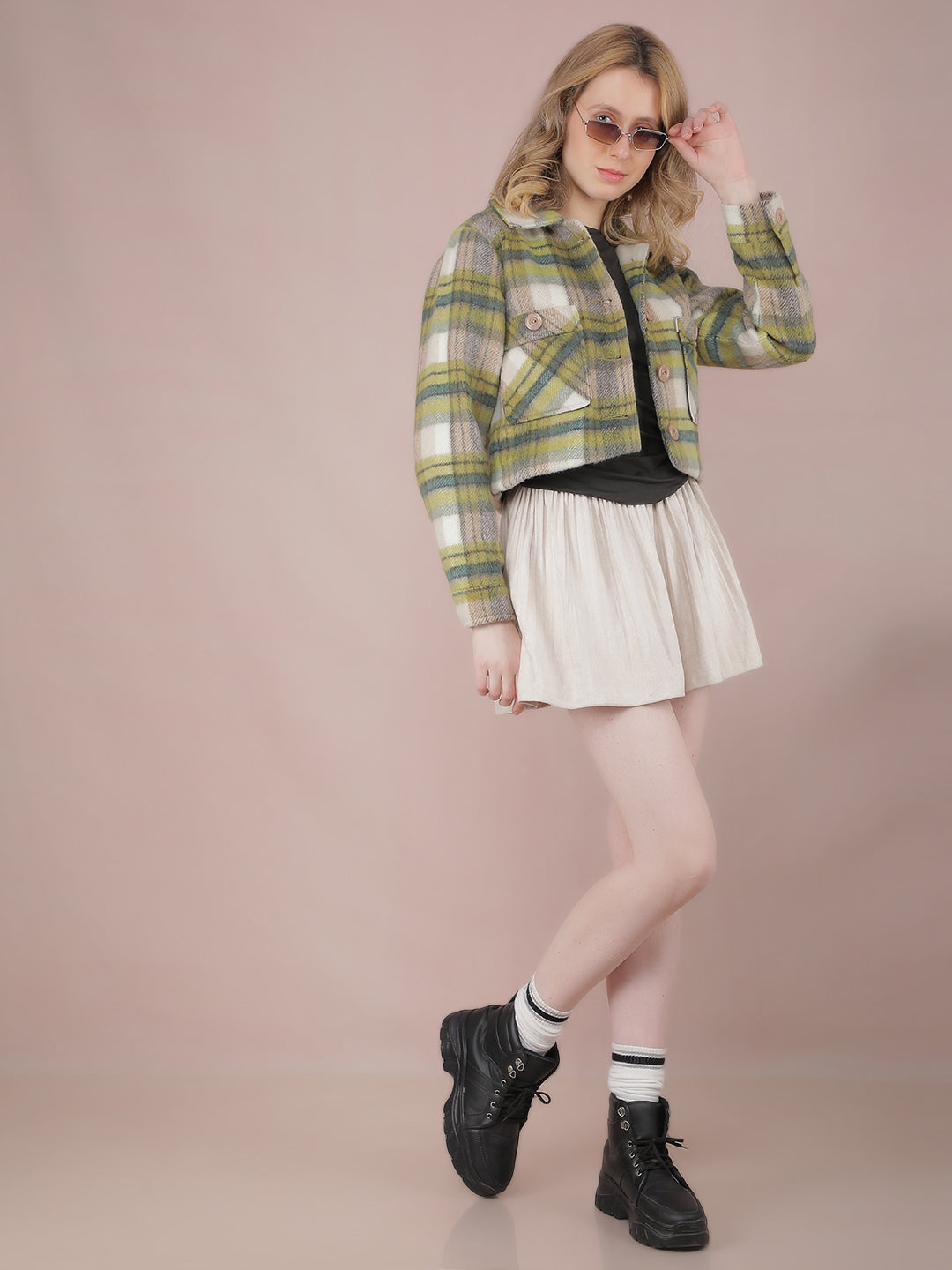 Green Checked Crop Jacket-Women Jackets-Crimsoune Club