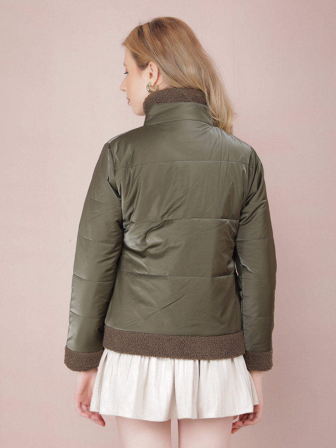 Olive High Neck Quilted Jacket-Women Jackets-Crimsoune Club