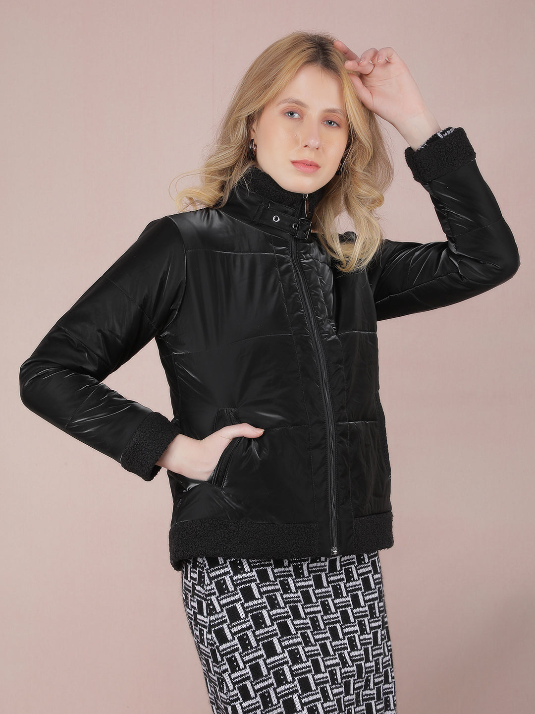 Black High Neck Quilted Jacket-Women Jackets-Crimsoune Club