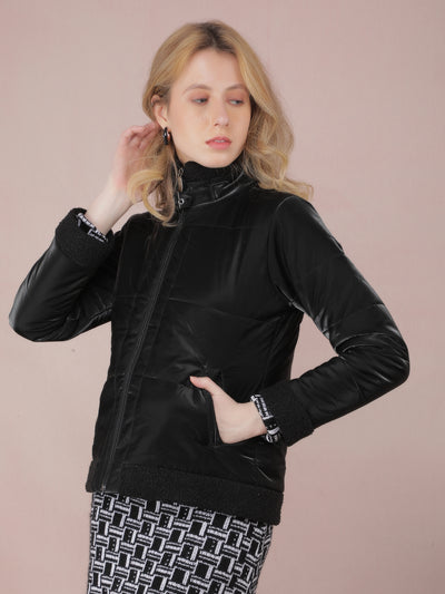 Black High Neck Quilted Jacket-Women Jackets-Crimsoune Club