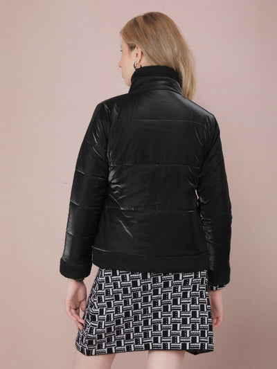 Black High Neck Quilted Jacket-Women Jackets-Crimsoune Club