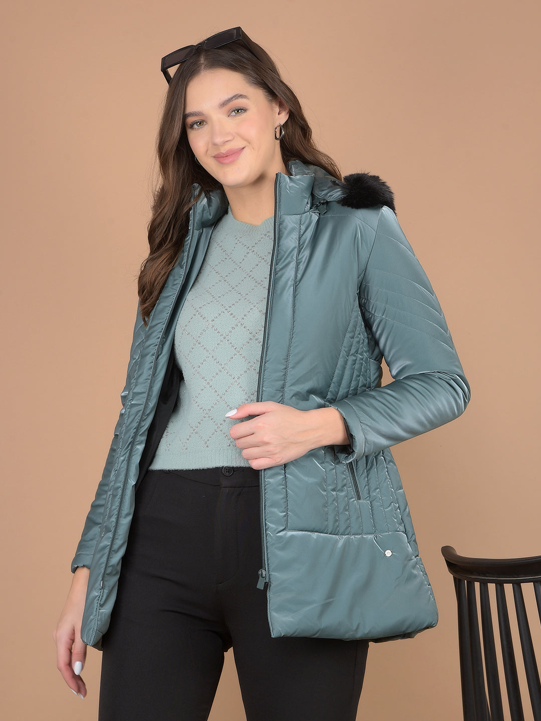 Green Hooded Neck Jacket-Women Jackets-Crimsoune Club