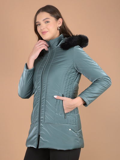 Green Hooded Neck Jacket-Women Jackets-Crimsoune Club