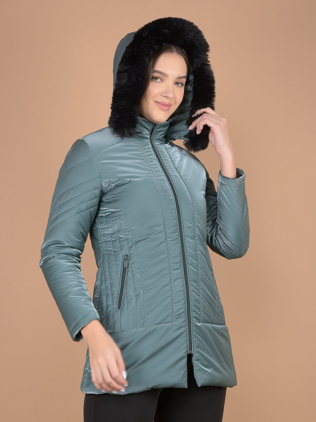 Green Hooded Neck Jacket-Women Jackets-Crimsoune Club