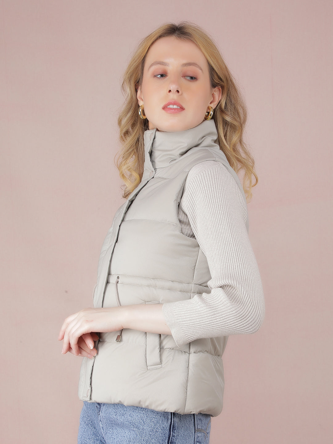 Grey Sleeveless High Neck Jacket-Women Jackets-Crimsoune Club