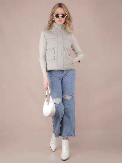 Grey Sleeveless High Neck Jacket-Women Jackets-Crimsoune Club