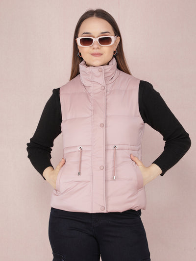 Pink Sleeveless High Neck Jacket-Women Jackets-Crimsoune Club