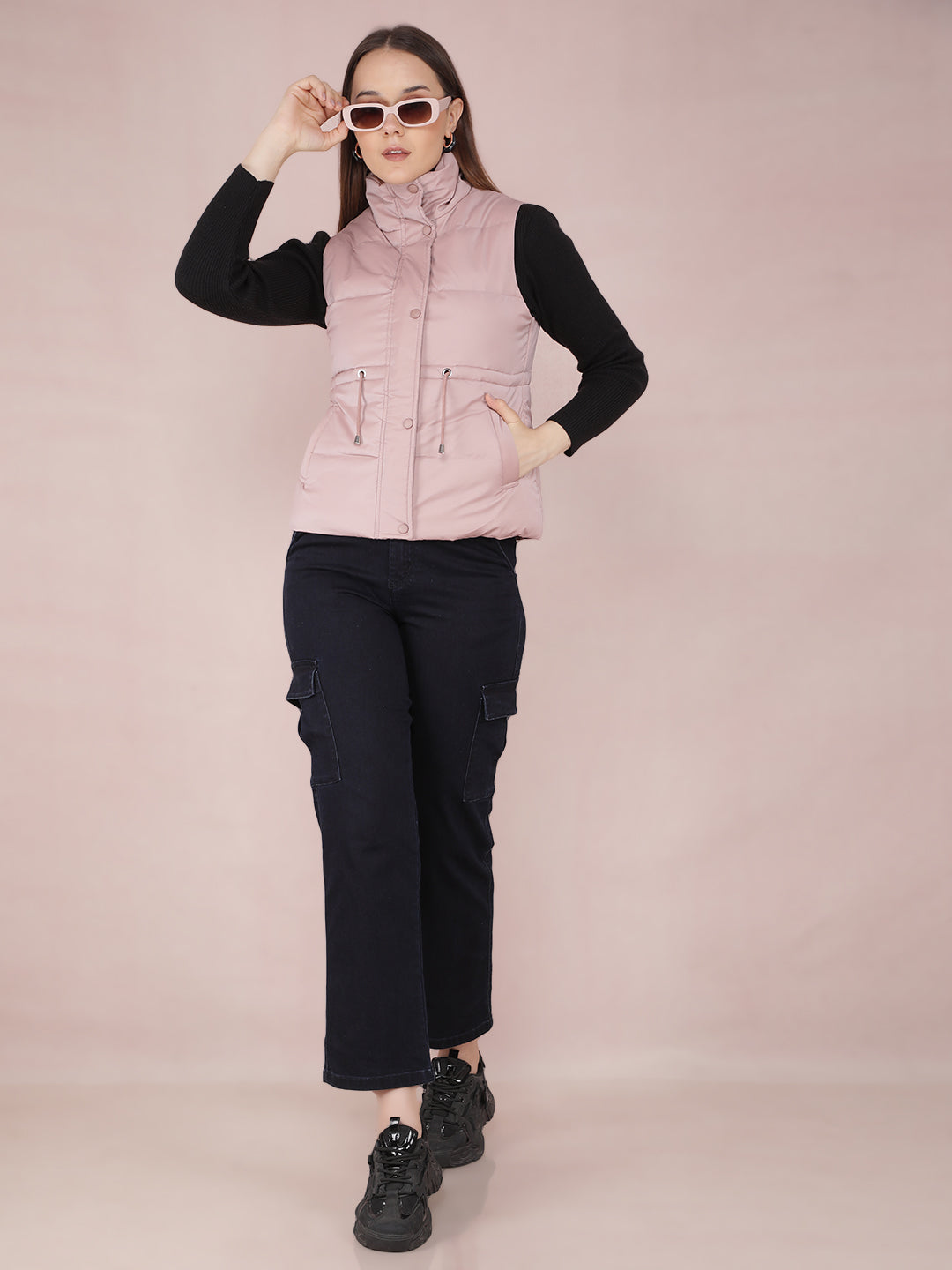 Pink Sleeveless High Neck Jacket-Women Jackets-Crimsoune Club