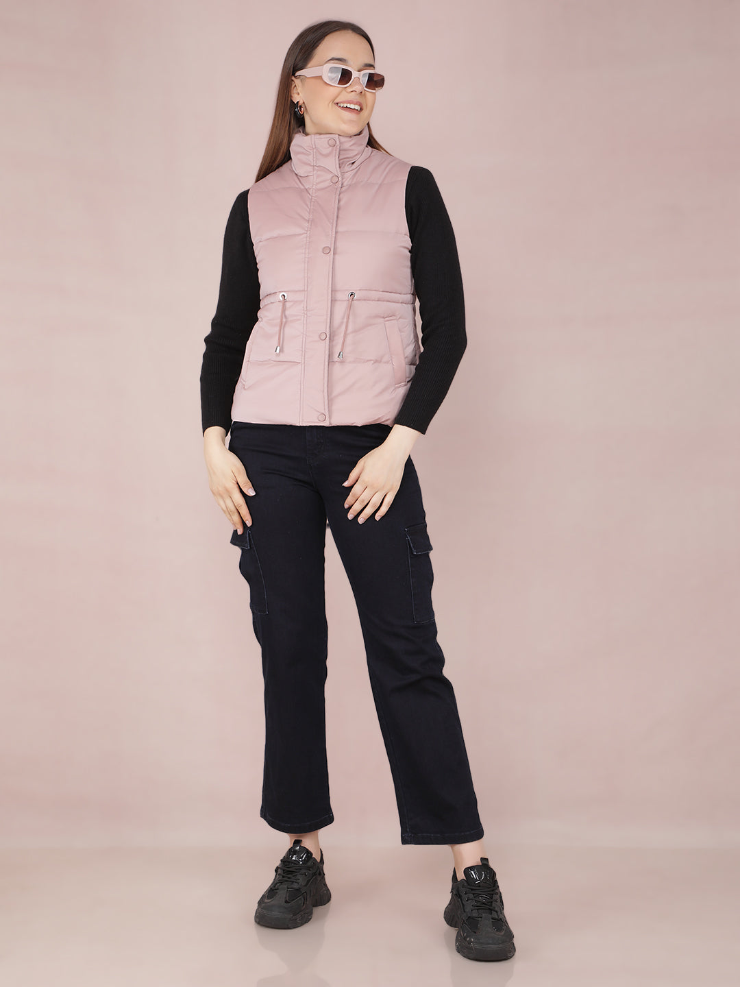 Pink Sleeveless High Neck Jacket-Women Jackets-Crimsoune Club