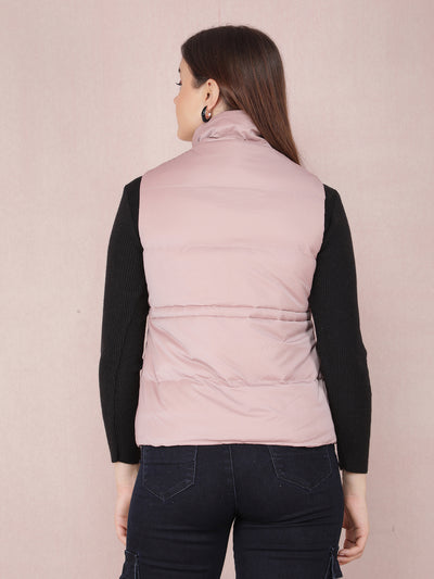 Pink Sleeveless High Neck Jacket-Women Jackets-Crimsoune Club