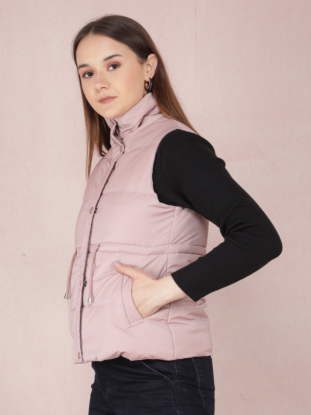 Pink Sleeveless High Neck Jacket-Women Jackets-Crimsoune Club