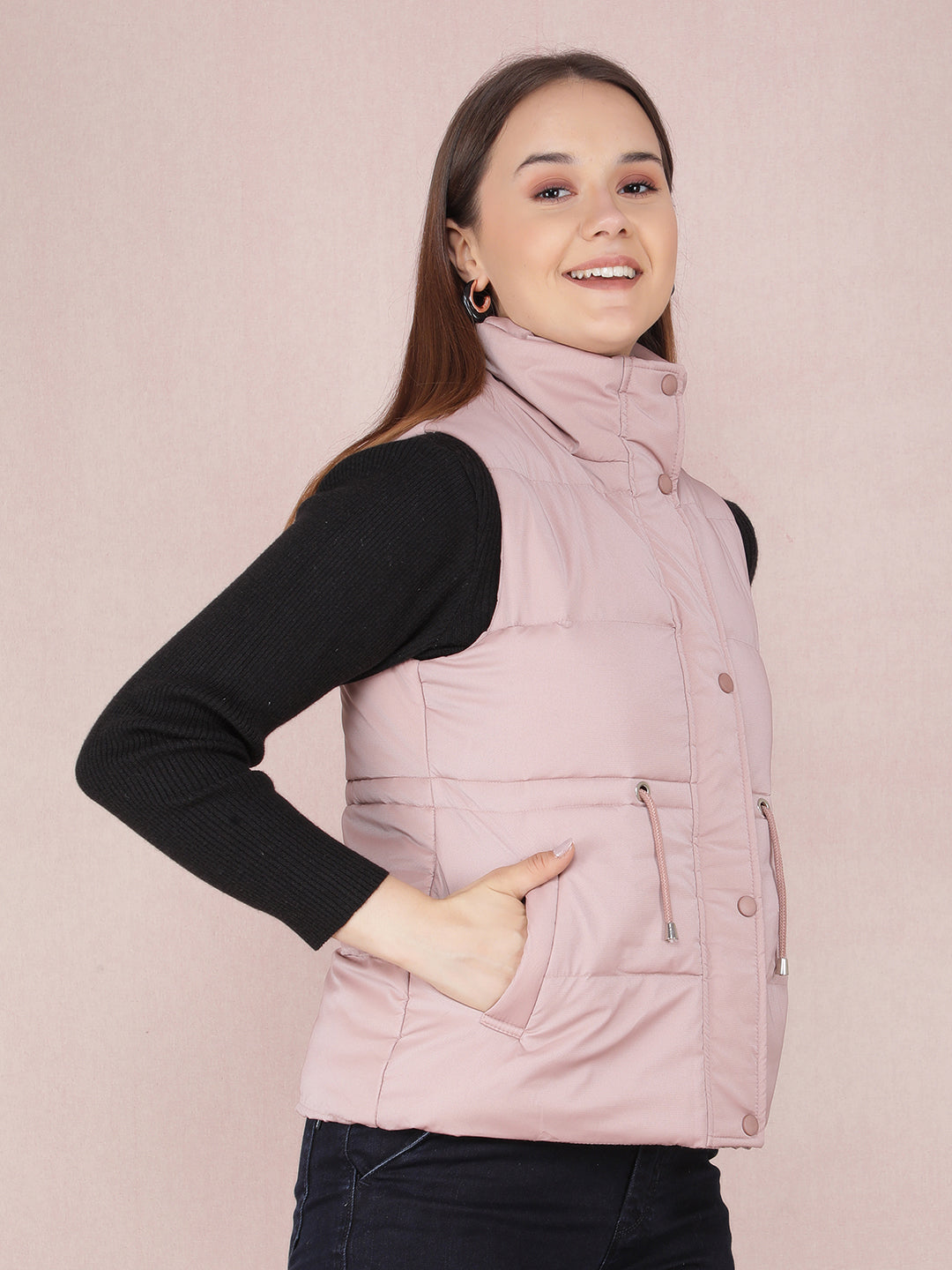 Pink Sleeveless High Neck Jacket-Women Jackets-Crimsoune Club