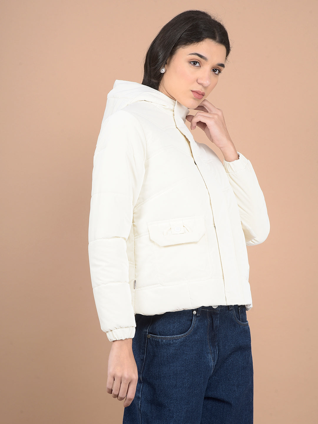 Off White Hooded Neck Puffer Jacket-Women Jackets-Crimsoune Club