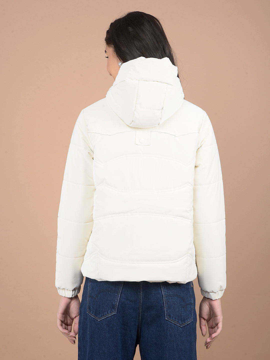 Off White Hooded Neck Puffer Jacket-Women Jackets-Crimsoune Club