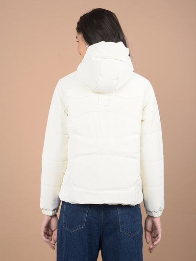 Off White Hooded Neck Puffer Jacket-Women Jackets-Crimsoune Club