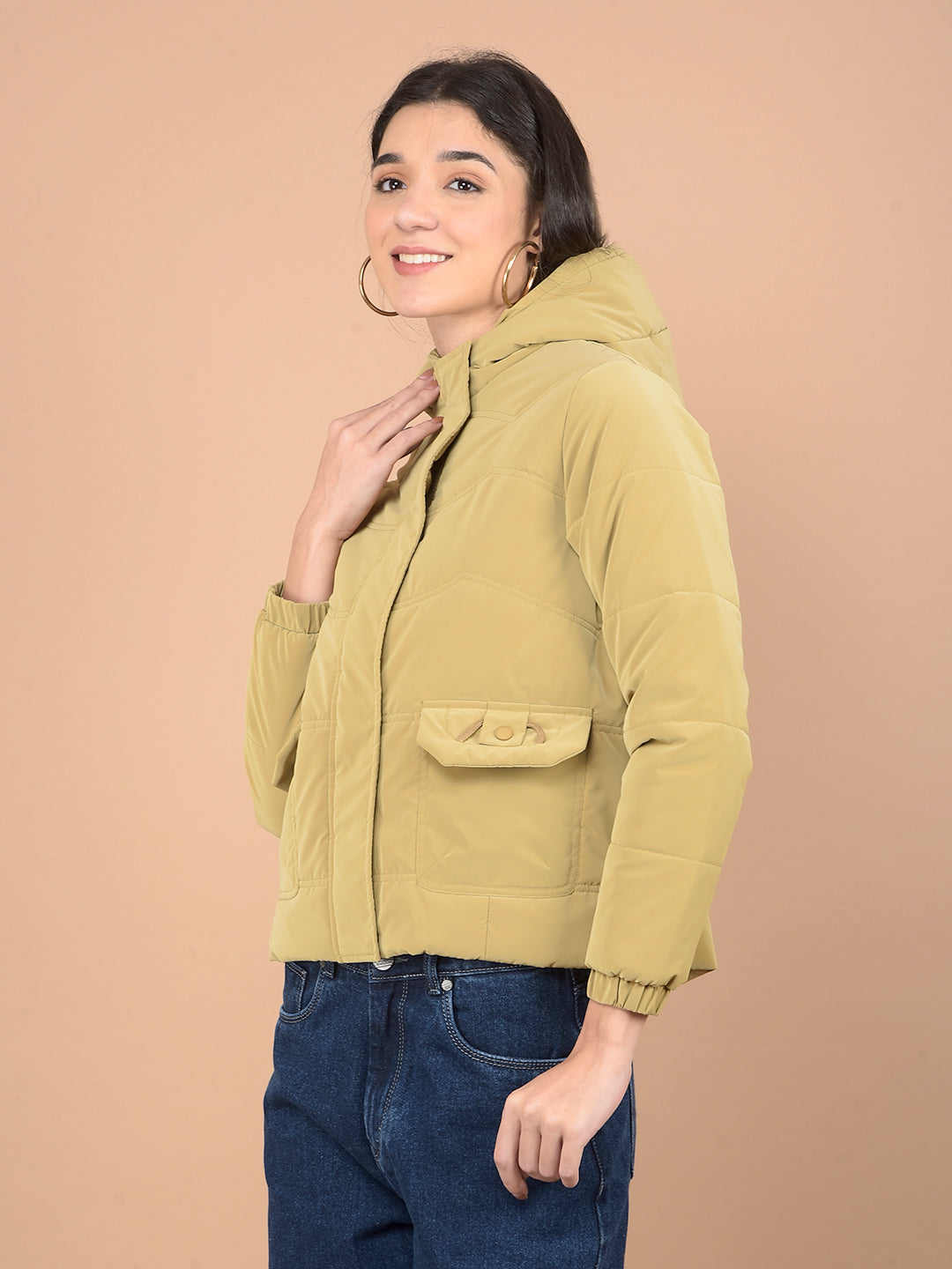 Beige Hooded Neck Puffer Jacket-Women Jackets-Crimsoune Club