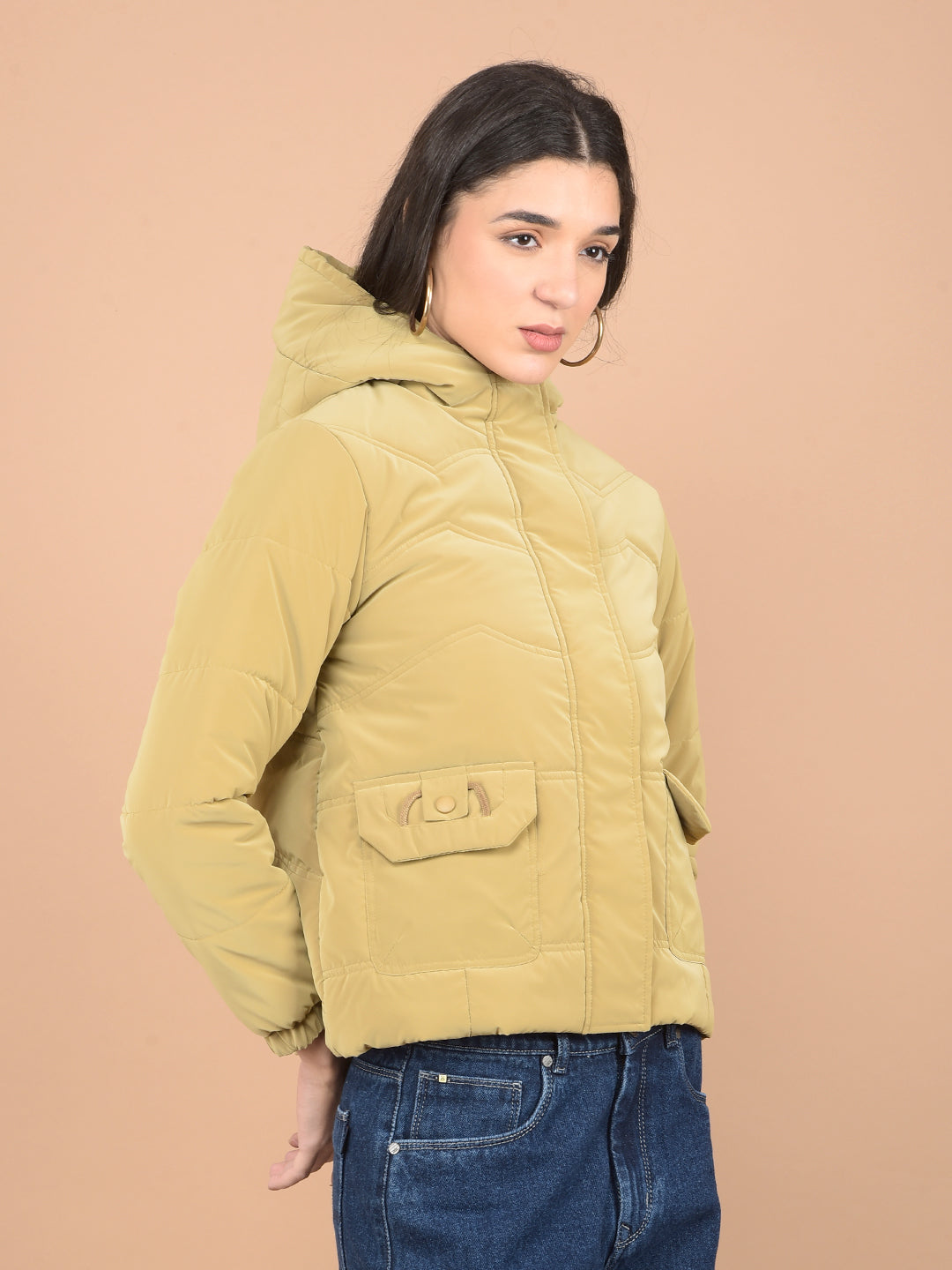 Beige Hooded Neck Puffer Jacket-Women Jackets-Crimsoune Club