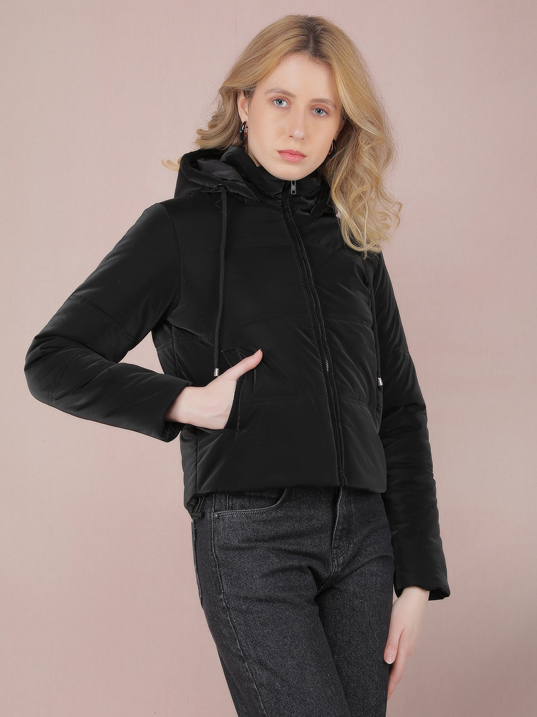 Black Hooded Neck Padded Jacket-Women Jackets-Crimsoune Club