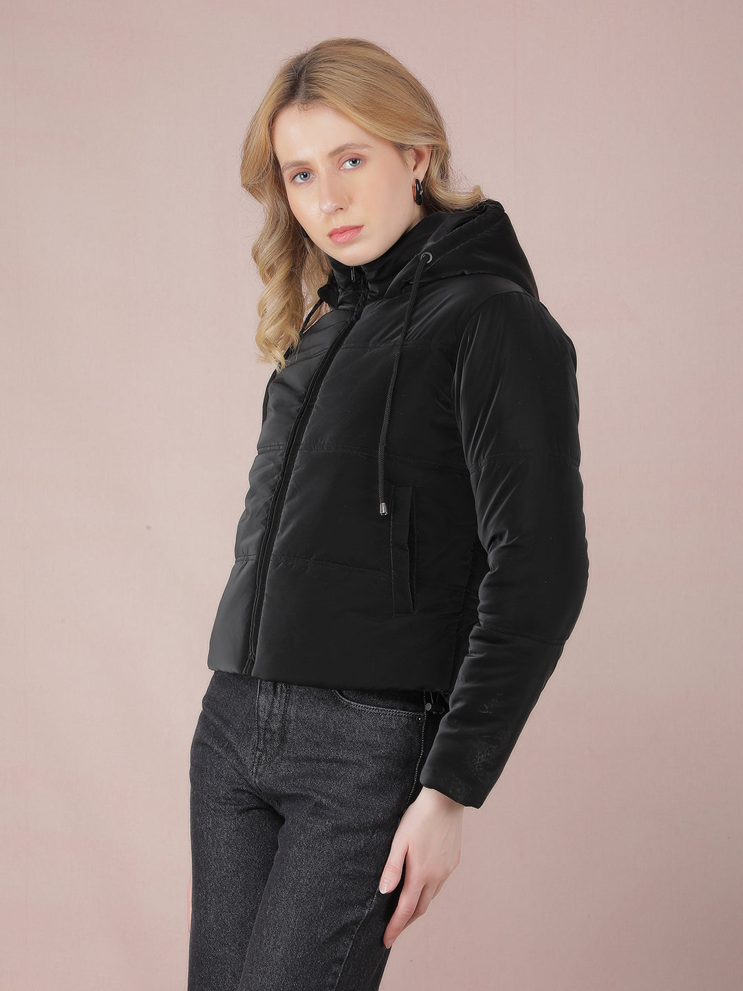 Black Hooded Neck Padded Jacket-Women Jackets-Crimsoune Club