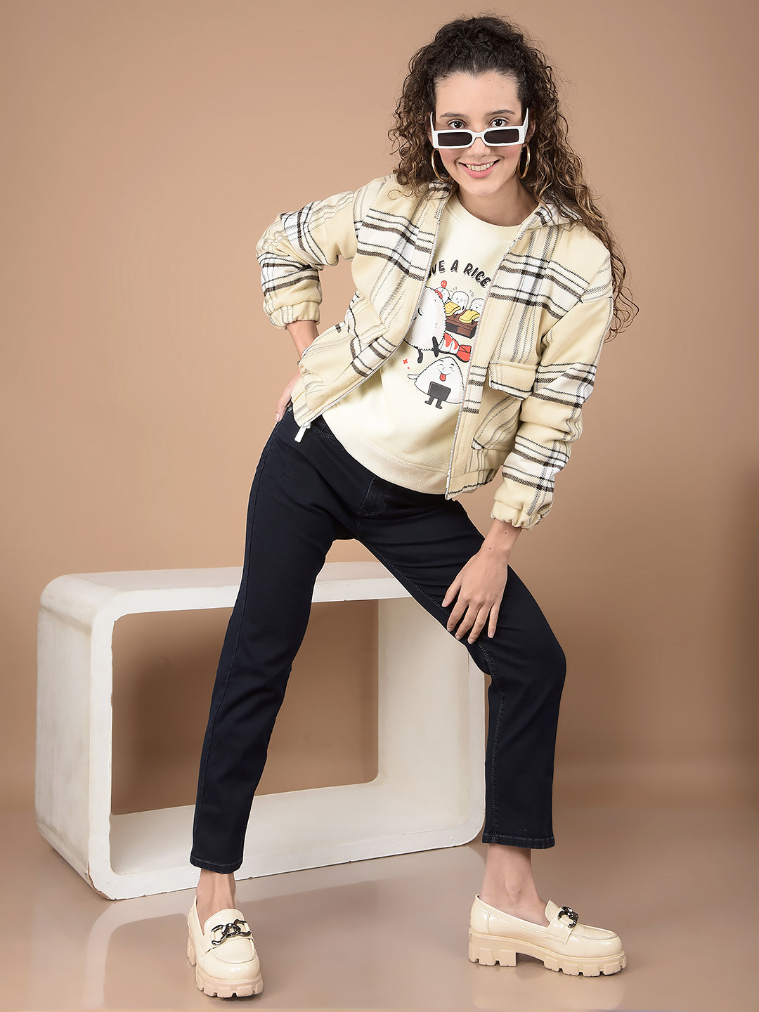 Beige Checked Hooded Neck Jacket-Women Jackets-Crimsoune Club