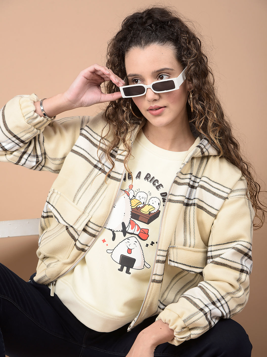 Beige Checked Hooded Neck Jacket-Women Jackets-Crimsoune Club