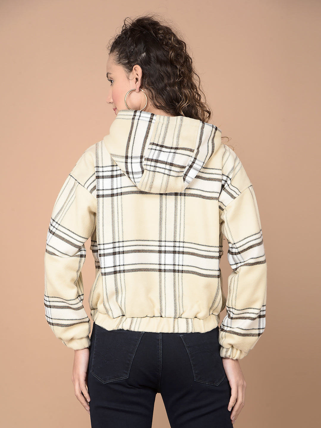 Beige Checked Hooded Neck Jacket-Women Jackets-Crimsoune Club