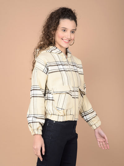 Beige Checked Hooded Neck Jacket-Women Jackets-Crimsoune Club