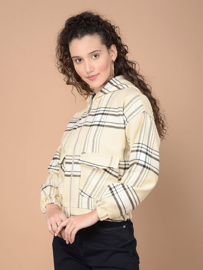 Beige Checked Hooded Neck Jacket-Women Jackets-Crimsoune Club